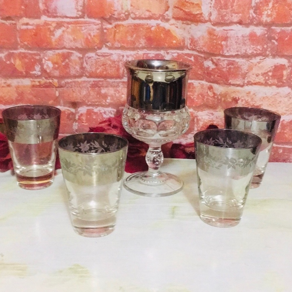 Vintage MCM Etched Floral Silver Barware Set